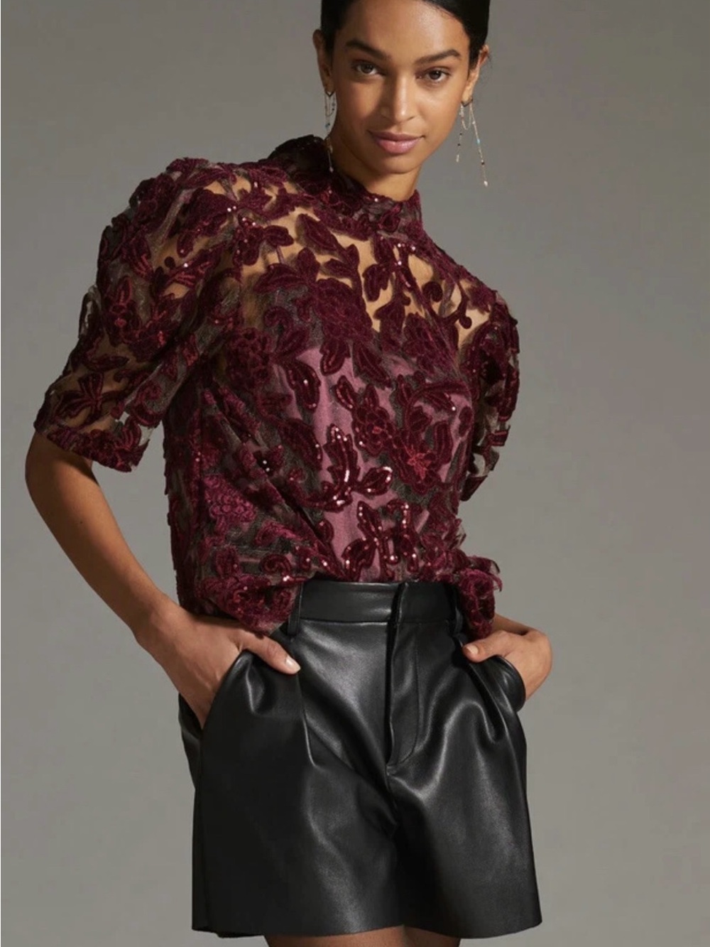Anthropologie Burgundy Lace Sequin Mock-Neck Blouse